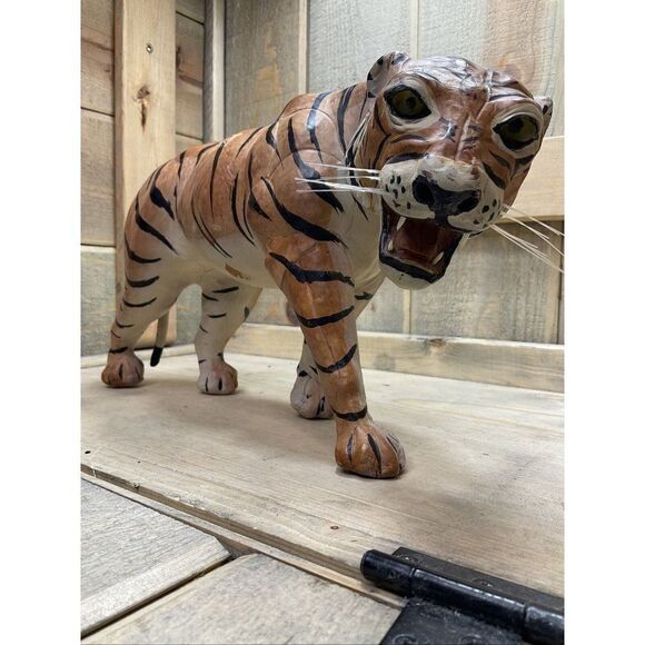 Other - VINTAGE Leather Wrapped Tiger Sculpture Glass Eyes Jungle Safari Figurine Rare